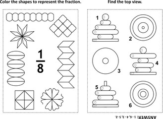 Two visual math puzzles and coloring pages. Color the shapes to represent the fraction. Find the top view. Black and white. Answers included.