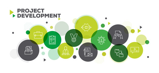 PROJECT DEVELOPMENT ICONS ON MULTI COLORED BACKGROUND BANNER DESIGN