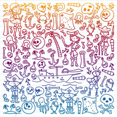 Vector set of pirates children's drawings icons in doodle style. Painted, colorful, pictures on a piece of paper on white background. Drawing by pen on exercise notebook.