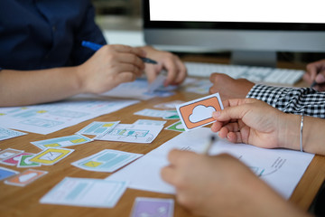 user experience UX designer designing web on smart phone layout. UI developer planning working on mobile application prototype