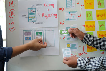 user experience UX designer designing web on smart phone layout. UI developer planning working on mobile application prototype