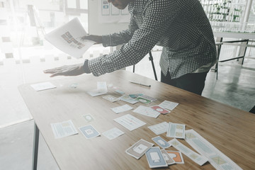 user experience UX designer designing web on smart phone layout. UI developer planning working on mobile application prototype