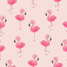 Beautiful Seamless Vector Tropical Pattern With Pink Flamingos