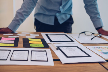 user experience UX designer designing web on smart phone layout. UI developer planning working on mobile application prototype