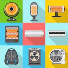 Home Fan Heater Icon Set. Flat Set Of 9 Home Fan Heater Vector Icons For Web Design Isolated On White Background