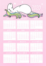 Unicorn Calendar For 2020 Year. Cute Girly Design, Printable Planner Of 12 Months With Cute Pony Horse. Week Starts On Sunday. Standard Size, Ready To Print.