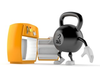 Wall Mural - Kettlebell character with open fridge