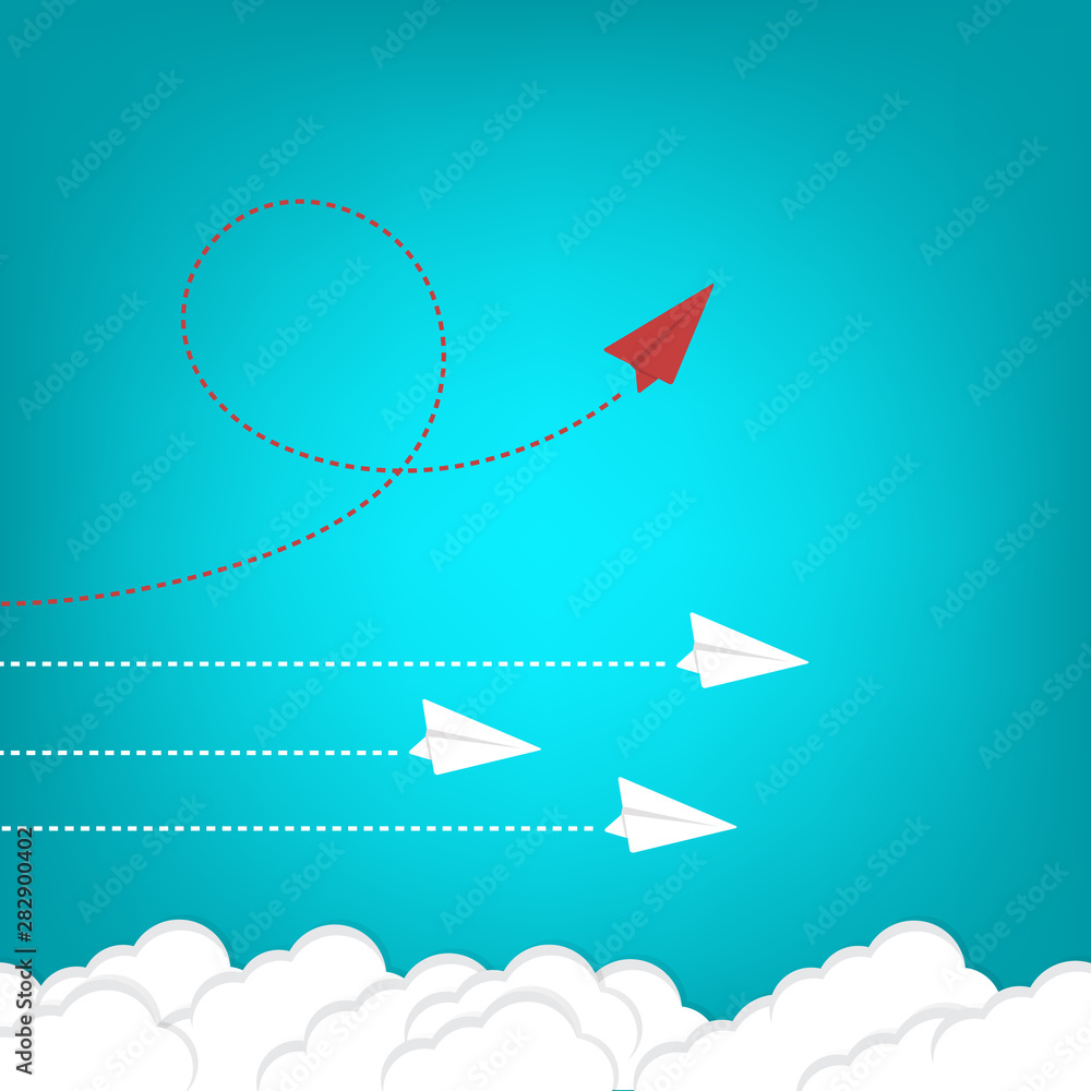 Think differently concept. Red airplane changing direction. Vector illustration	 - obrazy, fototapety, plakaty 