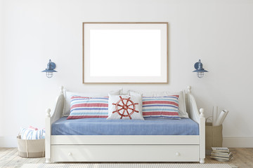 Wall Mural - Kids room in coastal style. Interior and frame mockup. 3d render.