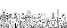 Native American Traditional Objects In A Row. Wigwams, Totem Poles, Cactuses, Weapons. Vector Hand Drawn Outline Sketch Illustration