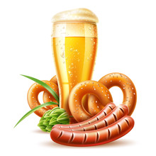 Realistic Lager Beer Glass With Golden Bubbles, Pretzel, Sausage And Green Hop Oktoberfest Festival Advertising Poster Design. Traditional German Beer Holiday In October. Pub, Restauran And Bar Design