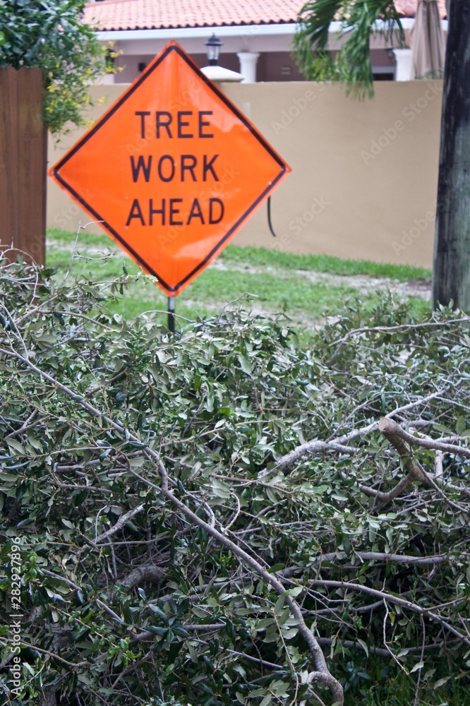 Tree Work Sign Tree Work Ahead Sign. Orange information sign with black letters ...
