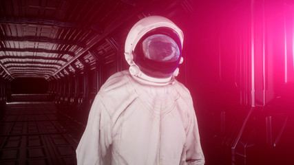 Wall Mural - alone astronaut looks at the planet earth in futuristic interior, the planet earth reflects in a spa