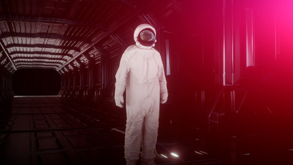 Wall Mural - alone astronaut looks at the planet earth in futuristic interior, the planet earth reflects in a spa