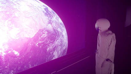 Wall Mural - alone astronaut in futuristic space corridor, room. view of the earth. 3d rendering