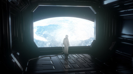 Wall Mural - alone astronaut looks at the planet earth in futuristic interior, the planet earth close up. 3d illu