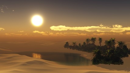 Wall Mural - Oasis. Sand desert with a pond and palm trees, 