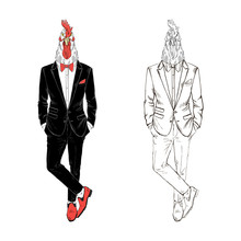 Rooster Gentleman Dressed Up In Tuxedo. Anthropomorphic Animal Zodiac Sign Character. Chinese New Year