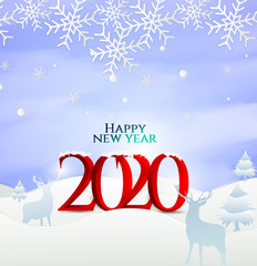 Deers joyful on snow and winter season with urban landscape background paper art style for merry christmas and 2020 happy new year.Vector illustration.