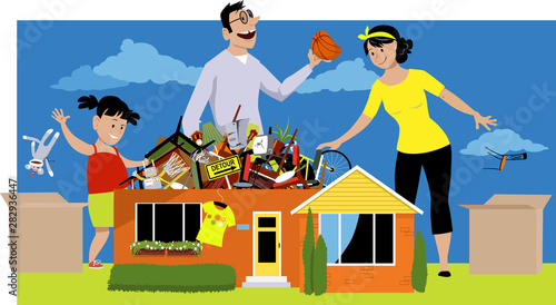 Fotomural Family declutter their hoarded house, throwing away things, EPS 8 vector illustr