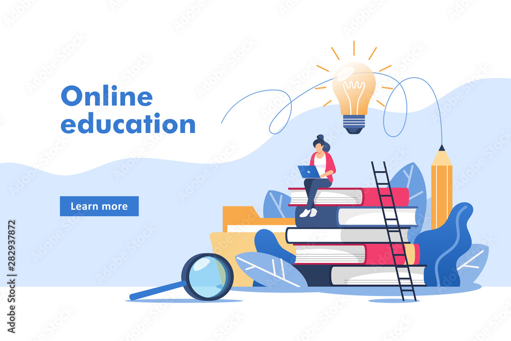 Person gains knowledge for success and better ideas. Online education or business training. Vector illustration for mobile and web graphics. - obrazy, fototapety, plakaty 