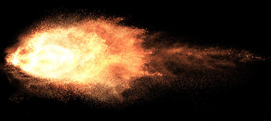 a shot from a firearm, an explosion of gunpowder on a black background, a bright flash with flying particles, abstract shape