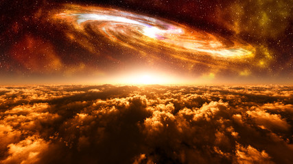 majestic alien planet scenery with fantasy sky and giant galaxy 