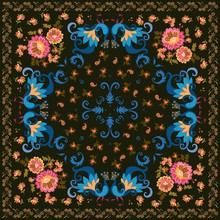 Silk Scarf With Silhouettes Of Peacocks, Feathers, Bunchs Of Flowers And Paisley On Black Background. Ethnic Style. Russian, Indian Motifs.