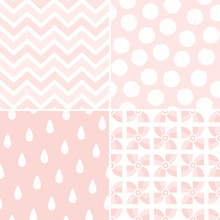 Set Of Seamless Pastel Backgrounds In Living Coral, Blush Pink And White. Pretty Patterns For Baby, Girls, Gift Wrapping Paper, Textiles, Wallpaper. Raindrops, Zigzags, Dots With Texture Overlay.