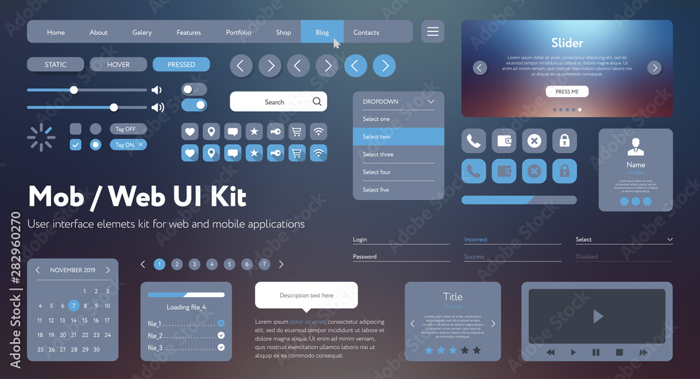 Flat Mobile Web UI Kit. Universal user interface for designing responsive websites, mobile apps. Gradient background. Different UX, GUI screens with buttons, slider, menu template. Modern space style. - obrazy, fototapety, plakaty 