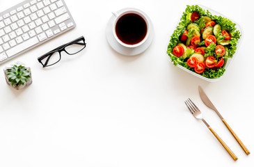 Wall Mural - to-go box with salad, coffee for lunch in office and keyboard on white background top view mock up