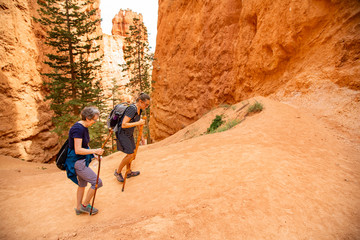 two adult women hiking in bryce canyon national park, utah, usa while on vacation. candid photo