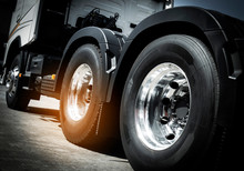Semi Truck, Closeup Truck Wheels With New Truck Tires