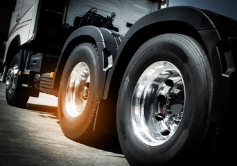 Big  truck wheels the new truck tires. Chrome Wheels. Freight Truck Transport.