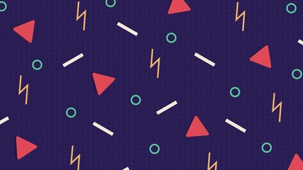 Retro abstract design purple pattern background with colorful triangles, circles, lines and zigzags. Memphis style with geometrical shapes of different vintage colors. Animated vintage from 80-90s.
