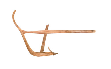 Agricultural old manual wooden plow isolated on white background with clipping path