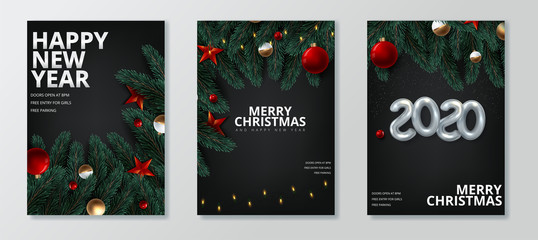 Wall Mural - vector illustration of happy new year 2020 gold and black collors place for text christmas balls