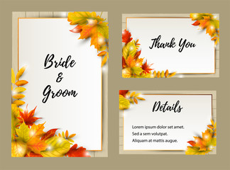 Wall Mural - Wedding invites set with falling leaves. Autumn background vector illustration. Place for text. Great for party invitation, seasonal autumn sale, wedding, web, fall festival, Happy Thanksgiving.