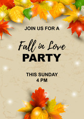 Wall Mural - Autumn background with  falling leaves. Place for text. Great for bridal shower, party invitation, seasonal sale, wedding, web, autumn festival. Vector illustration. Fall in love party invitation.