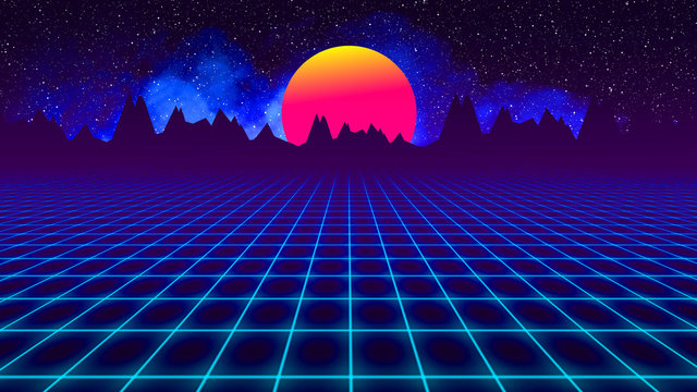 background retro 1980 , sun between mountains silhouette and sky whit stars whit grid and smoke. ill