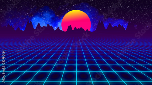 Cuadros en Lienzo background retro 1980 , sun between mountains silhouette and sky whit stars whit grid and smoke