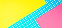 Texture Background Of Fashion Papers In Memphis Geometry Style. Yellow, Blue, Pink Colors