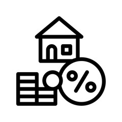 Sticker - House Mortgage Service Tick Vector Thin Line Icon. Mortgage On Real Property Building, Heap Of Coin And Percent Sign Linear Pictogram. Rent Or Buy Apartment Garage Contour Illustration