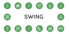 Set Of Swing Icons Such As Golf Player, Playground, Tee, Swing, Golfer, Golf Ball, Pendulum Ride, Newtons Cradle, Monkey Bars , Swing