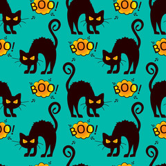 Wall Mural - Abstract seamless halloween cat pattern for girls or boys. Creative vector pattern with cat, cloud boo, halloween. Funny halloween cat pattern for textile and fabric. Fashion style. Colorful picture.