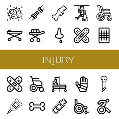 Sticker - Set of injury icons such as Collision, Stretcher, Joint, Nose bleeding, Injury, Band aid, Wheelchair, Gauze, Crutch, Bone, Hospital bed, Spinal board, Plastered arm, Disabled , injury