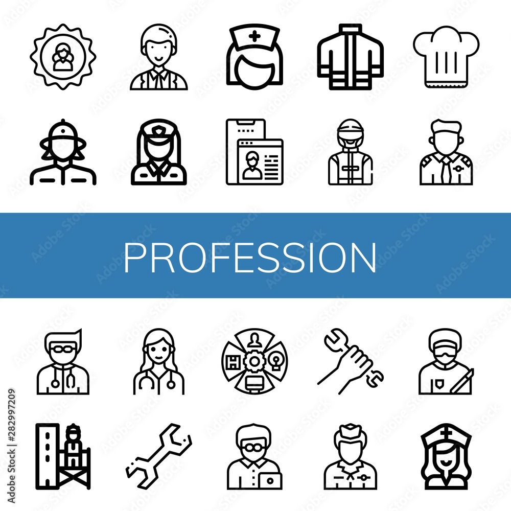 Set of profession icons such as User, Firewoman, Officer, Policewoman, Nurse, Firefighter uniform, Driver, Chef hat, Pilot, Doctor, Supervisor, Wrench, Role, Office worker , profession - obrazy, fototapety, plakaty 