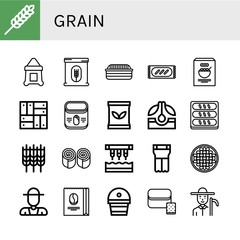 Canvas Print - Set of grain icons such as Wheat, Sack, Flour, Bread, Corn, Parquet, Seed bag, Seed, Bun, Seeder, Planter, Beans, Farmer, Coffee beans, Fertilizer , grain