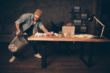 Photo of casual mad manager of some company wearing jeans denim shirt with brown hat failing to make up ant idea about succeeding in being promoted by employer