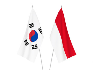 National fabric flags of Indonesia and South Korea isolated on white background. 3d rendering illustration.